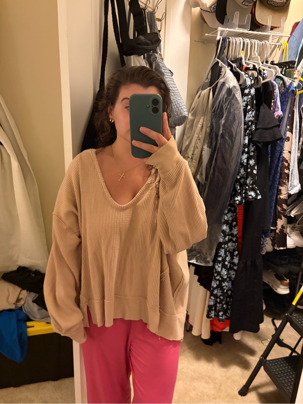 Women's Oversized V-Neck Waffle Knit Sweater - Beige